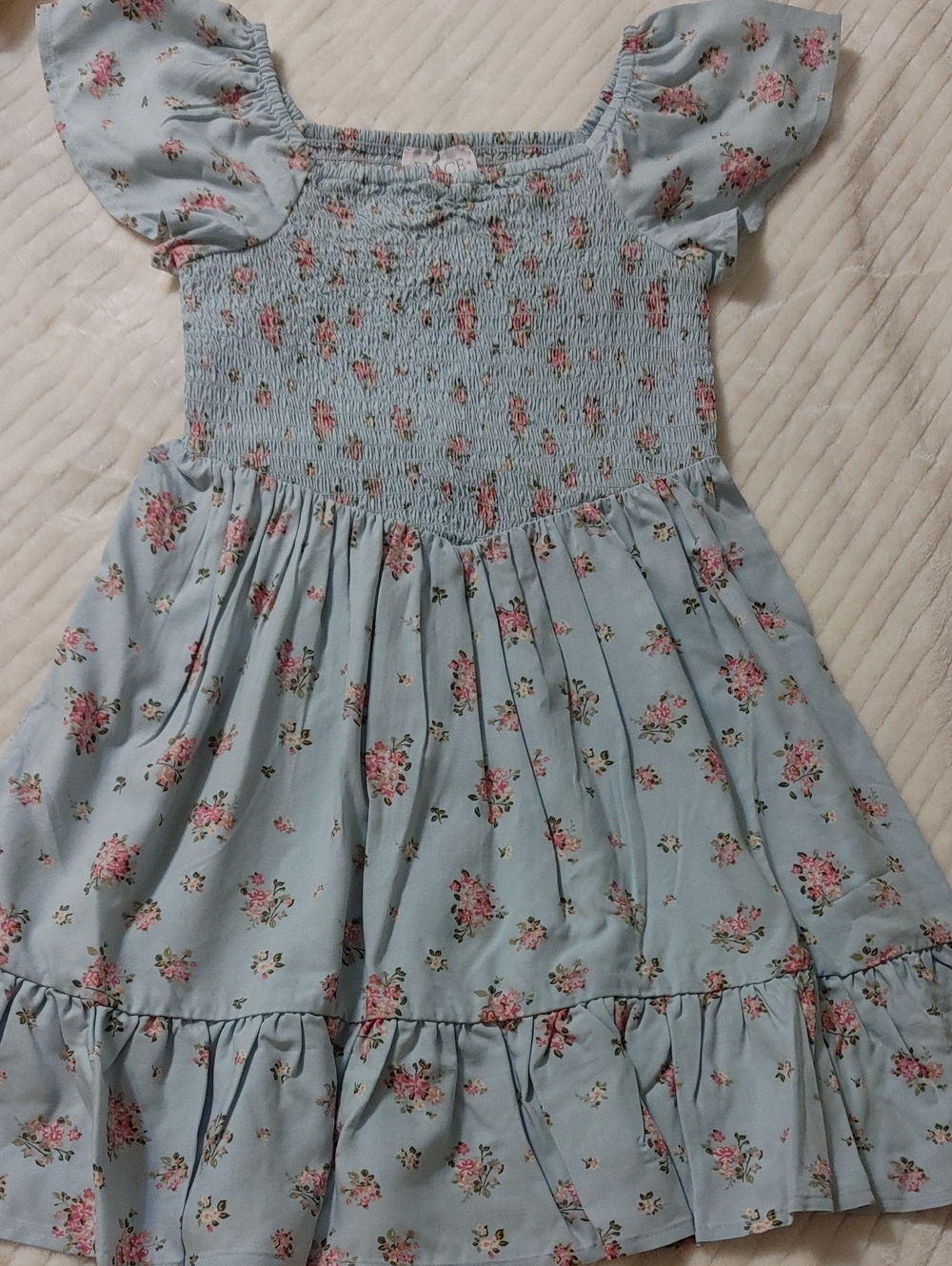 Girls' Blue Floral Smocked Casual Dress
